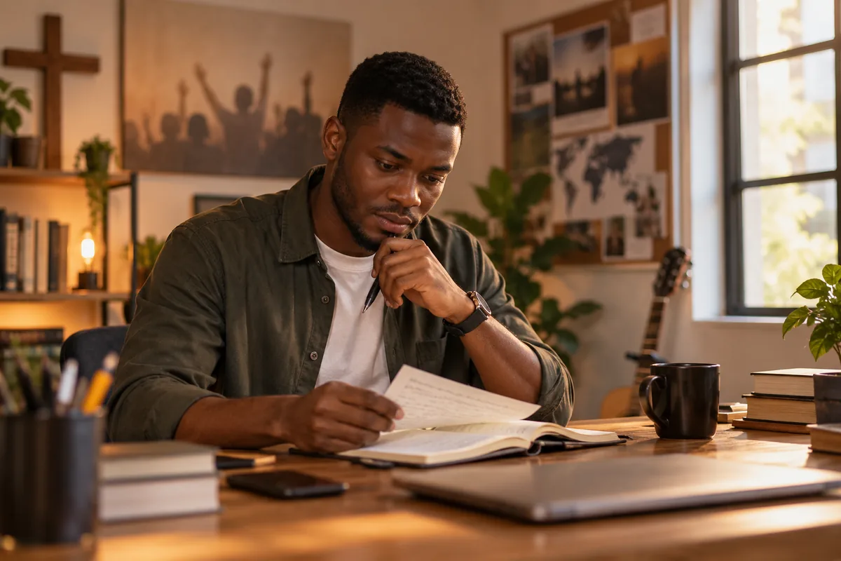 A young Nigerian believer studying and taking notes at a ministry workspace