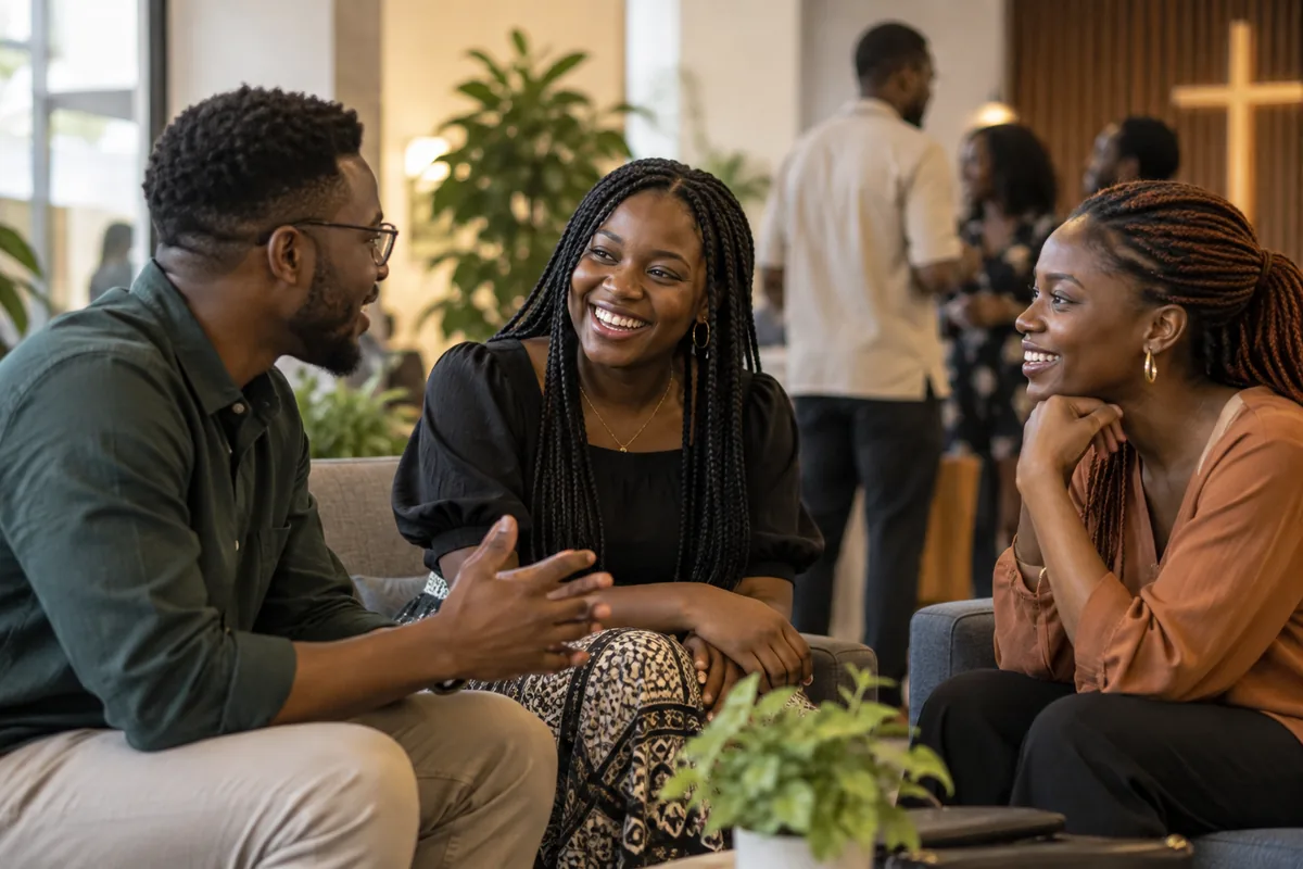 Young Nigerian Christians in warm conversation in a church lounge