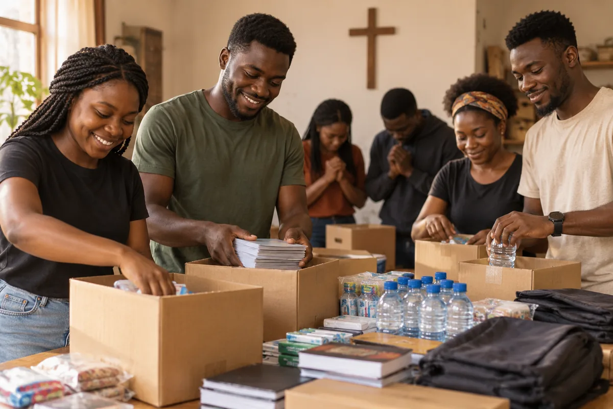 Volunteers packing Bibles, water and outreach supplies together