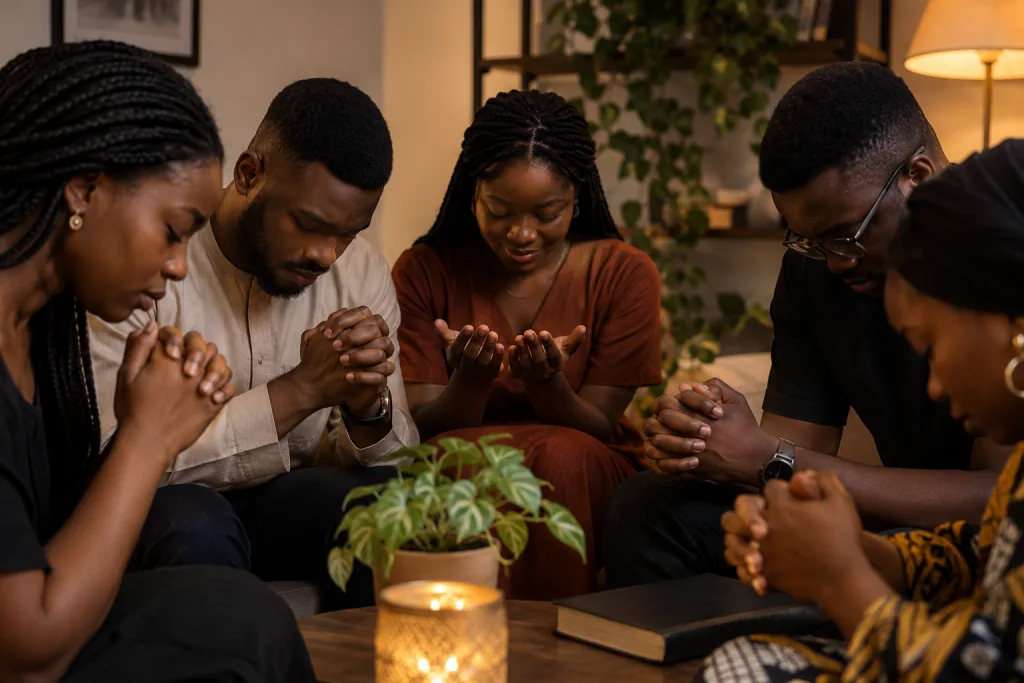 A small group of young Nigerian Christians praying together around a candle-lit table