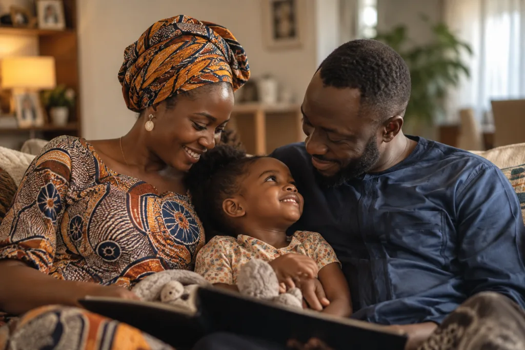 A Nigerian family sharing a warm moment together at home