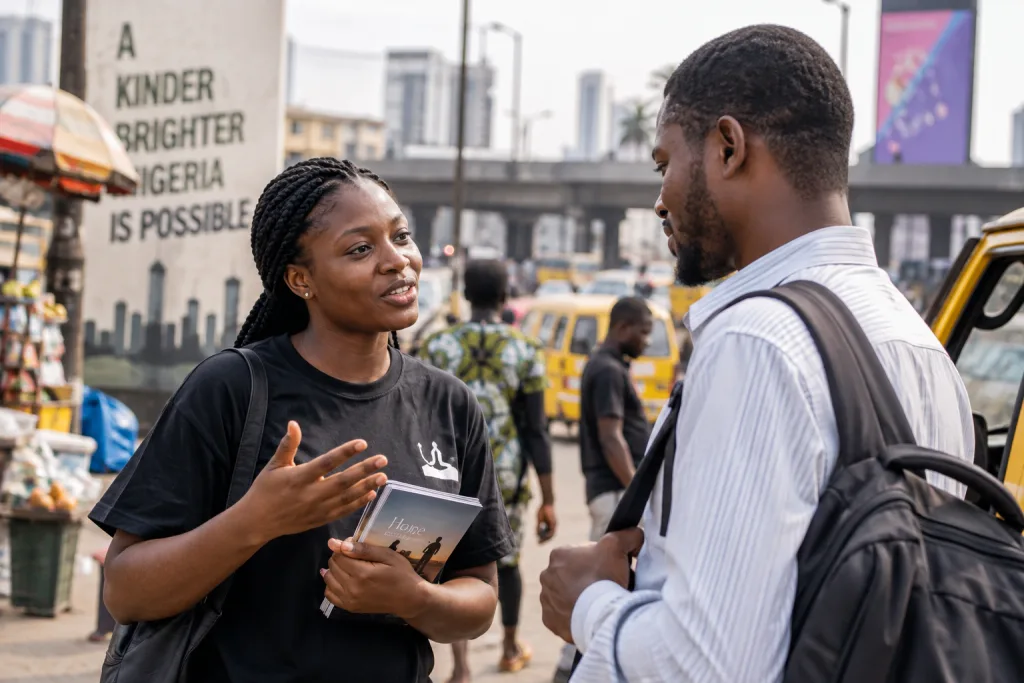A young woman sharing the Gospel with a passer-by on a busy Nigerian street