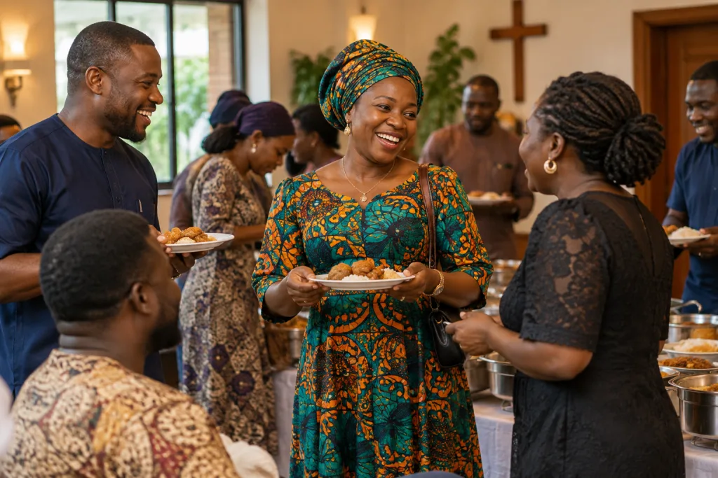 Church members sharing a meal and fellowship at a community gathering