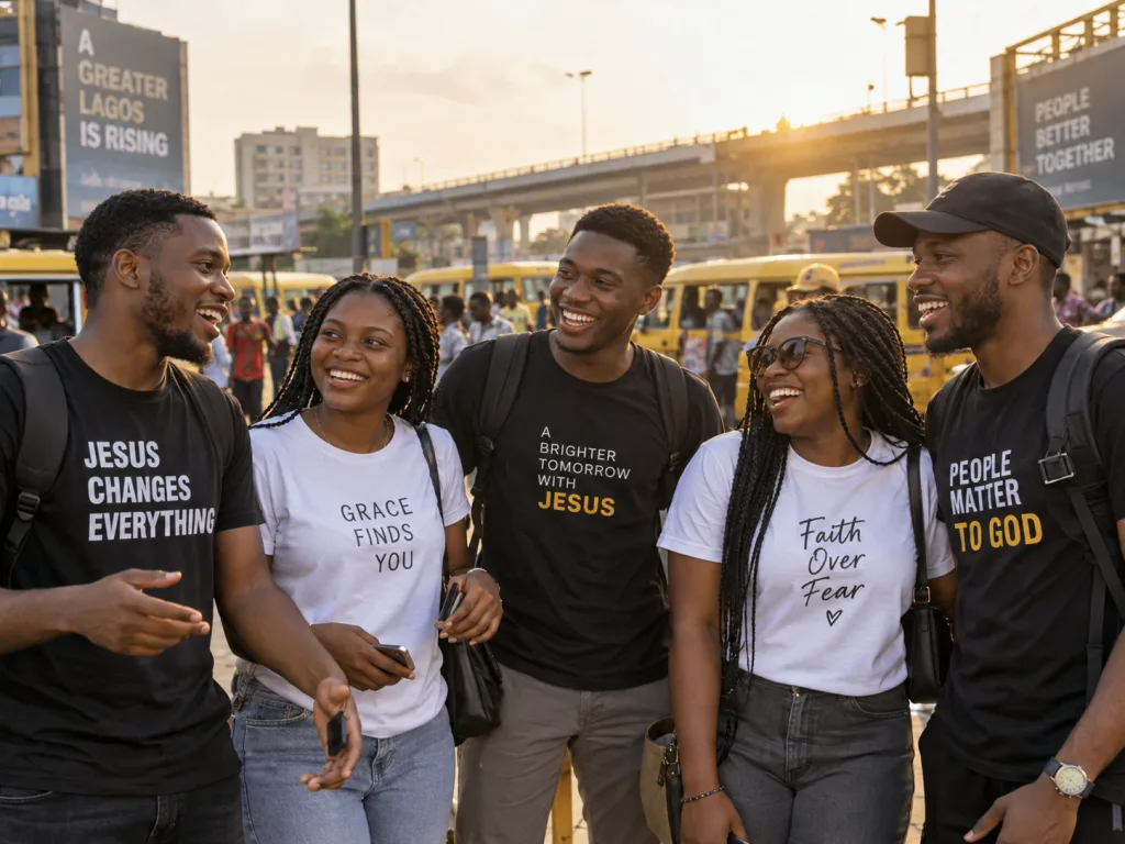Young Nigerians wearing Jesuser Gospel-message T-shirts at a street outreach